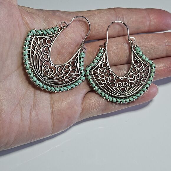 Elegant Boho Gypsy Ethnic Green Dangle Drop Charm Earrings Sterling Silver - Picture 1 of 9